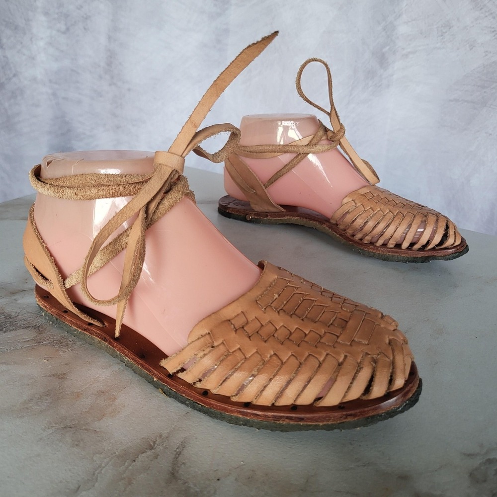 BEEK Handmade Sandals Womens Size 6 Brown Leather Fisherman Woven Ankle Tie Flat
